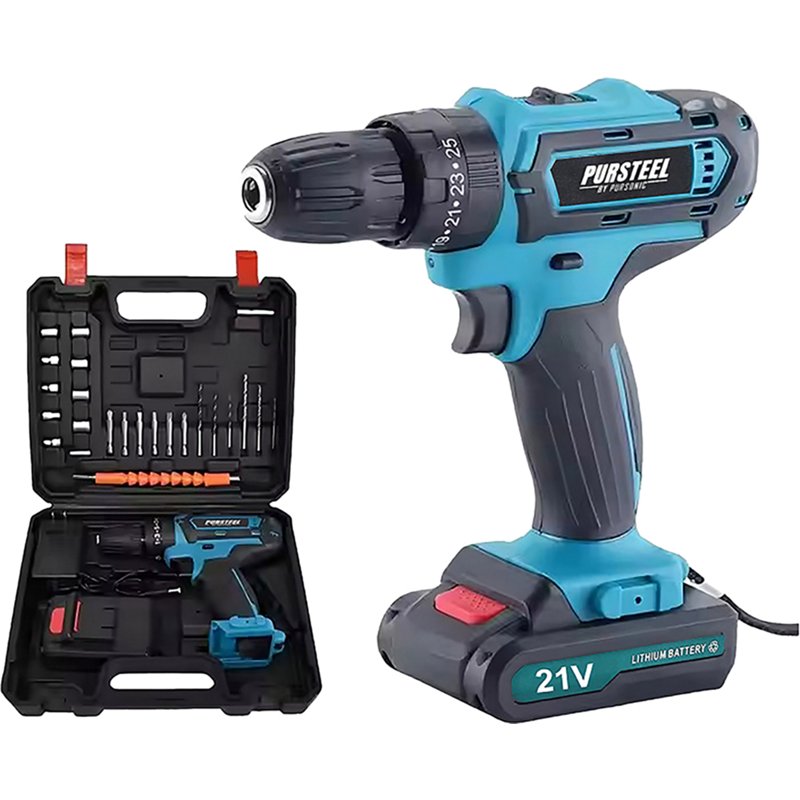 Pursonic 21V Rechargeable Cordless Drill 24 Piece Set – Compact Power for Home & Diy Projects - Black