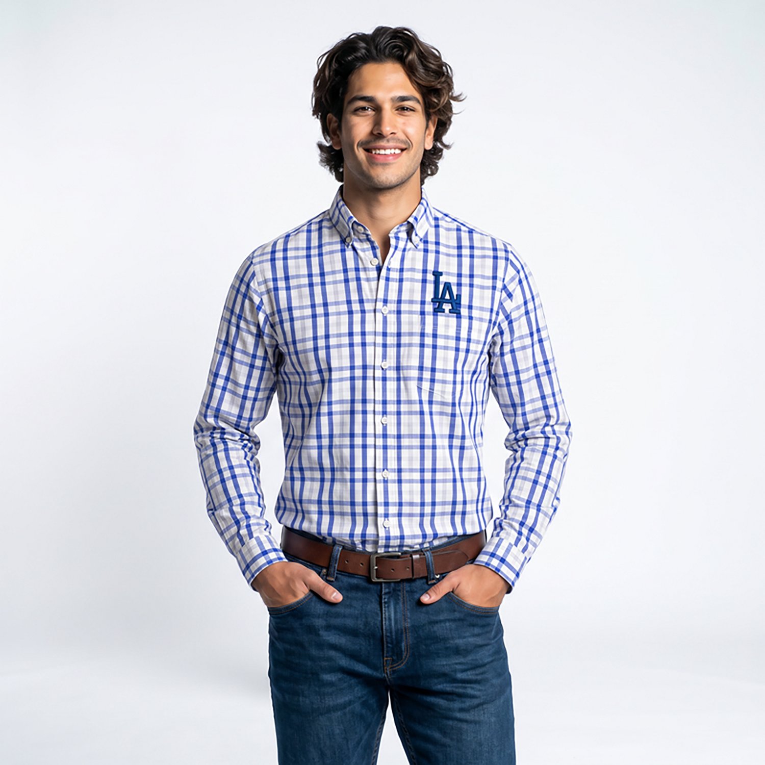 Antigua White Los Angeles Dodgers Tending Woven Tri-Blend Long Sleeve Button-Down Shirt