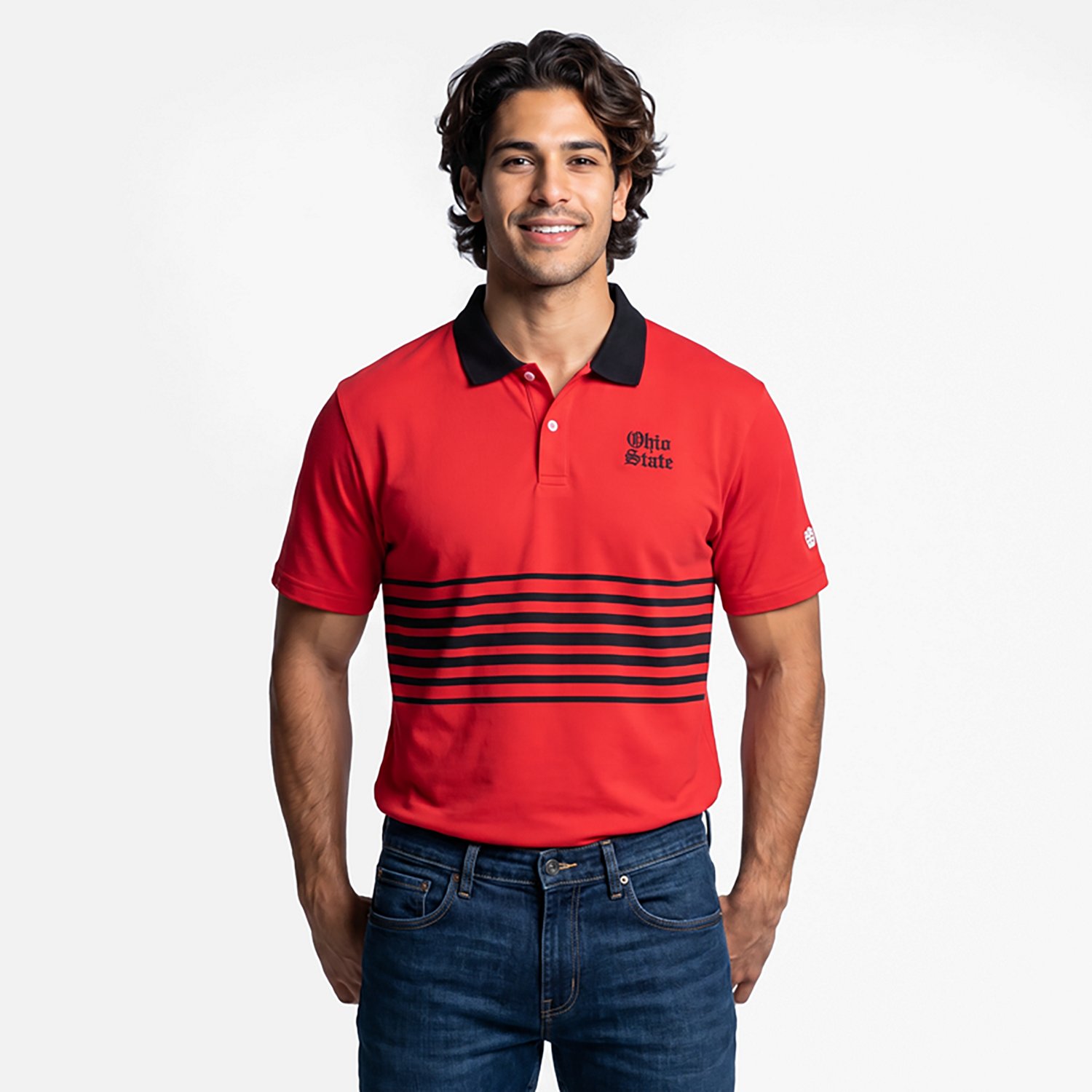 Homefield Men's Ohio State University Vault Mascot Striped Chest Golf Polo Shirt
