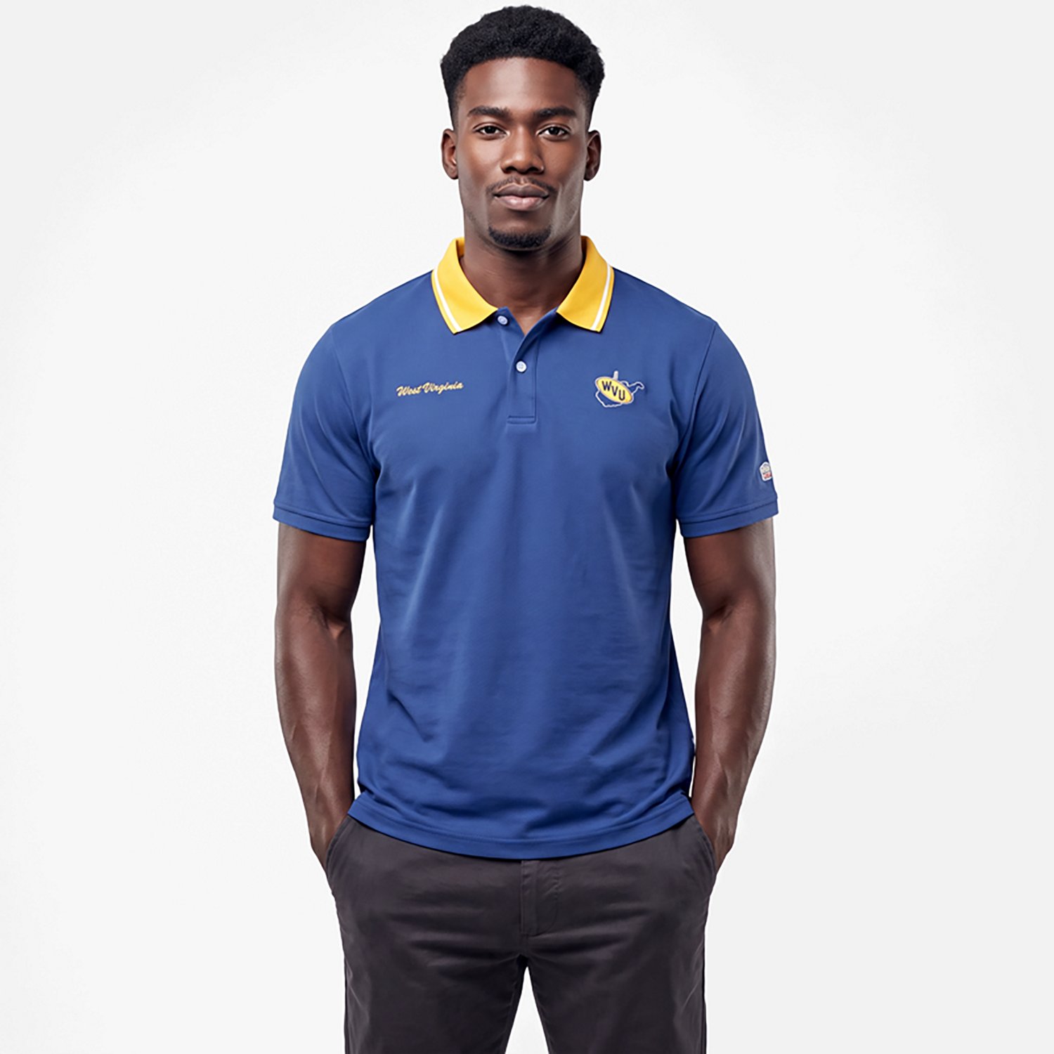 Homefield Men's West Virginia University School Script 2-Hit Golf Polo Shirt
