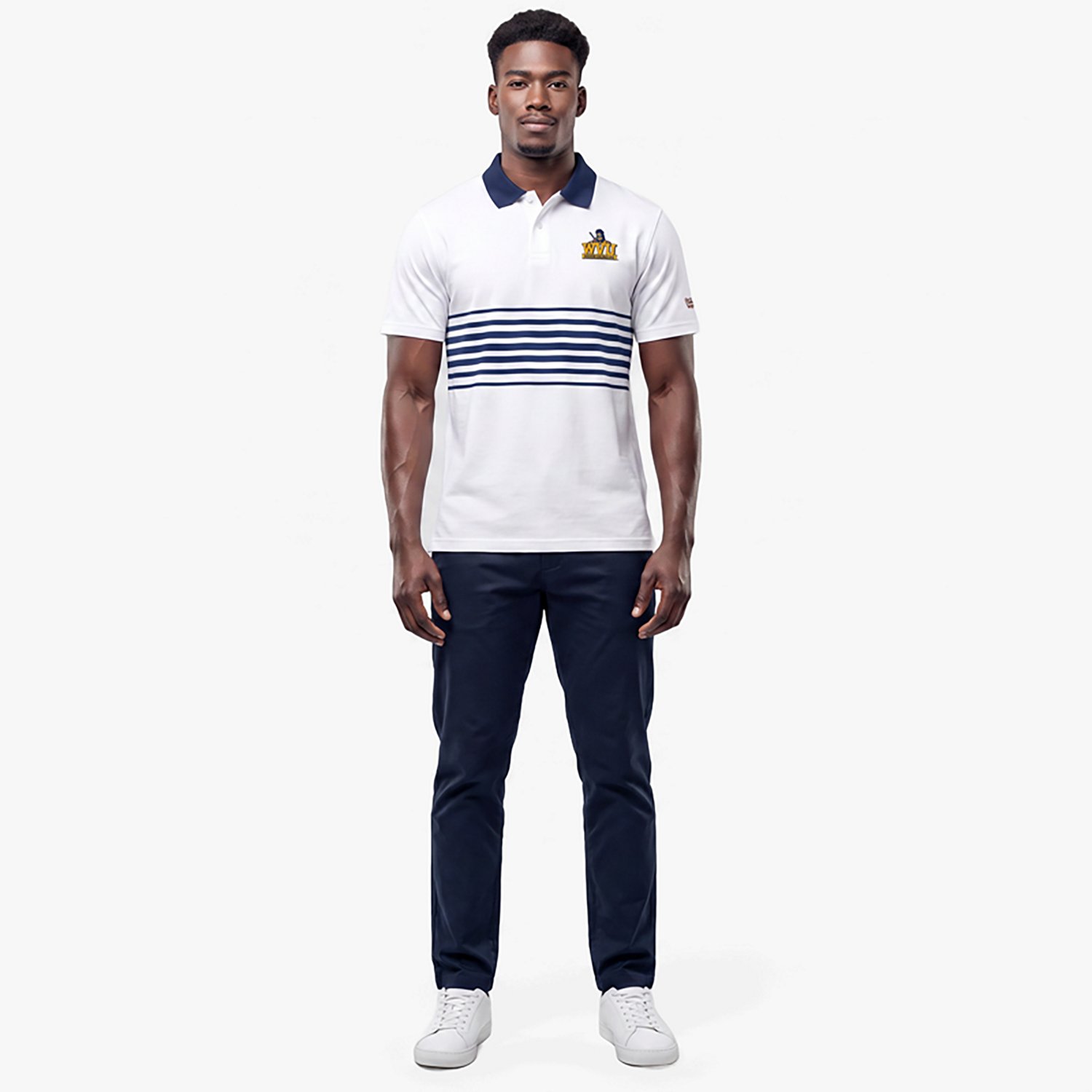 Homefield Men's West Virginia University Vault Mascot Striped Chest Golf Polo Shirt