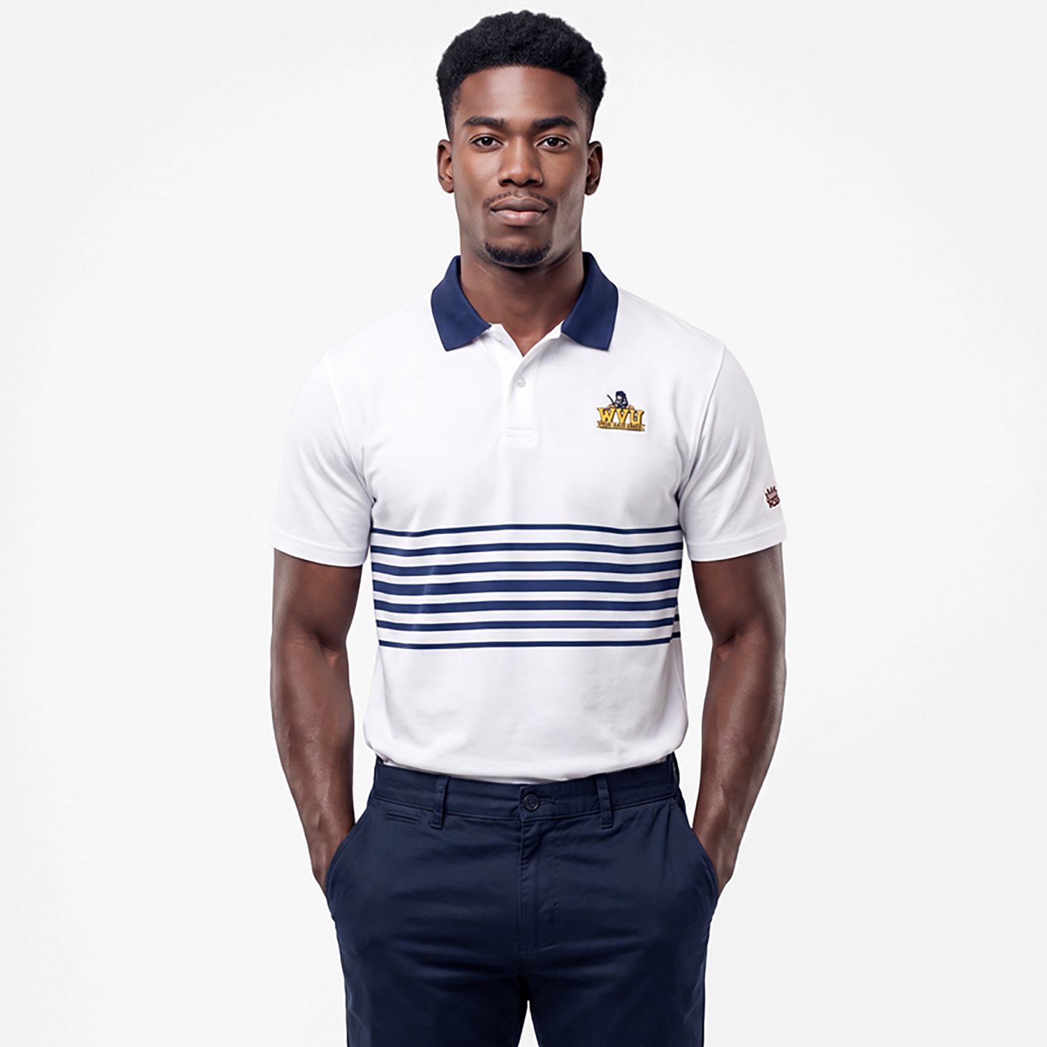 Homefield Men's West Virginia University Vault Mascot Striped Chest Golf Polo Shirt - view number 2