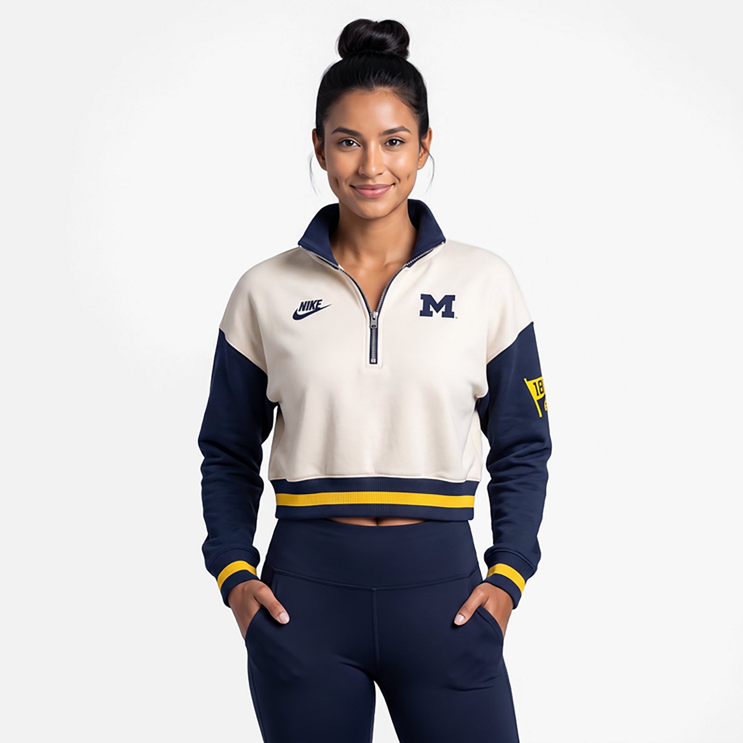 Nike Navy Michigan Wolverines Oversized Legacy Color Block Cropped Quarter-Zip Pullover - view number 2