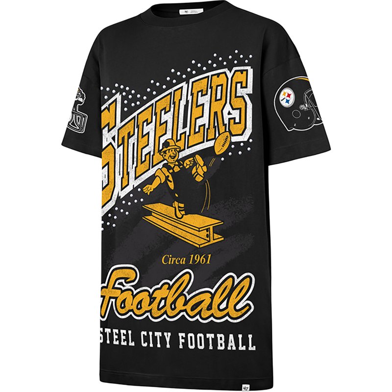 '47 Brand Women's Black Pittsburgh Steelers Oversized Gemstone Swash T-Shirt Dress - Black
