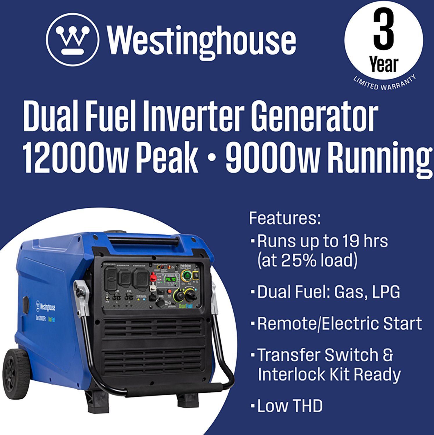 Westinghouse 12,000W Gas and Propane Dual Fuel Inverter Generator with Remote Electric Start - view number 2