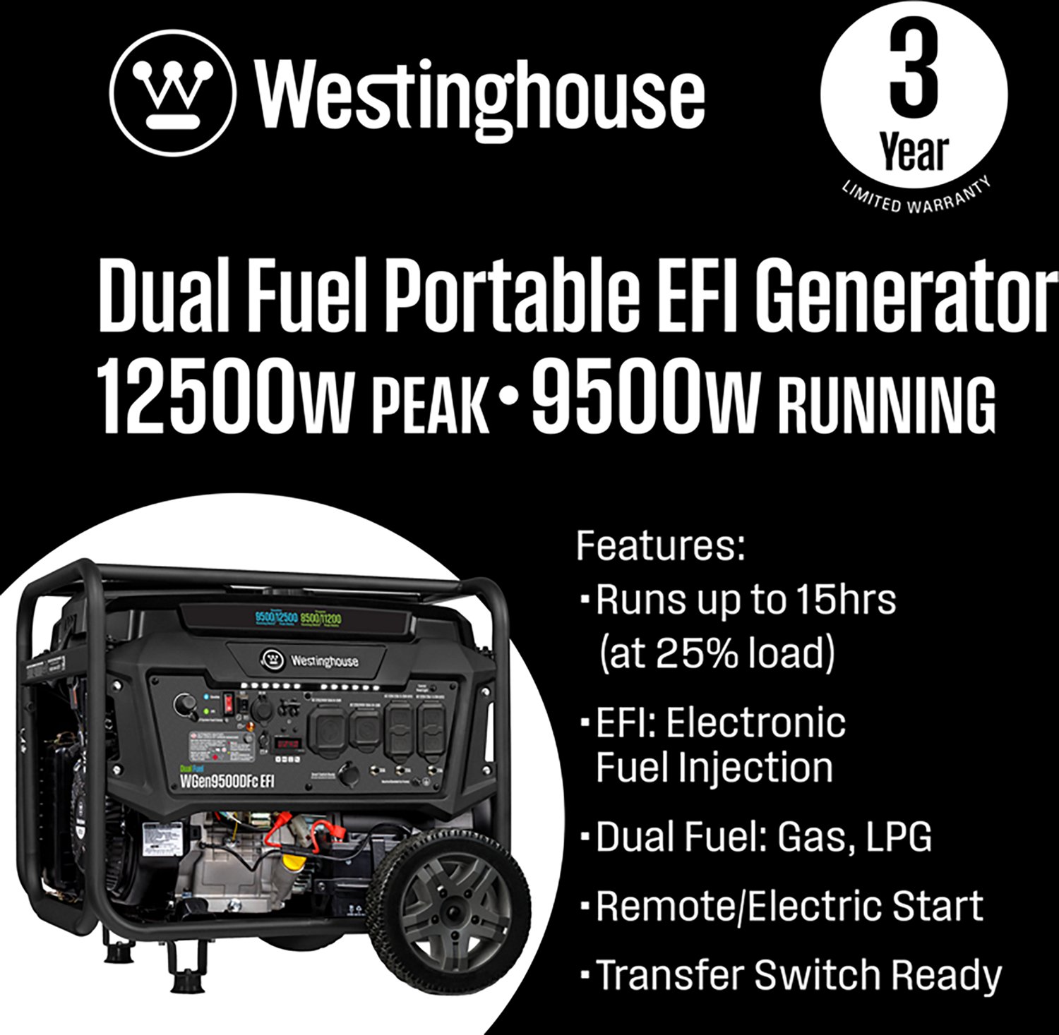 Westinghouse 12500/9500W Dual Fuel EFI Portable Generator with Remote Electric Start - view number 2