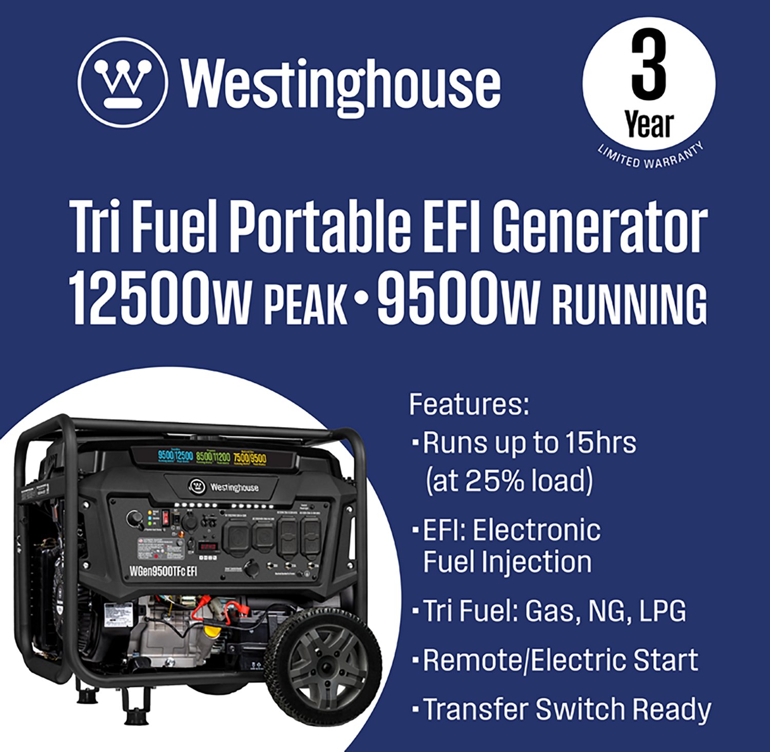 Westinghouse 12500/9500W Tri-Fuel EFI Portable Generator with Remote Electric Start - view number 2