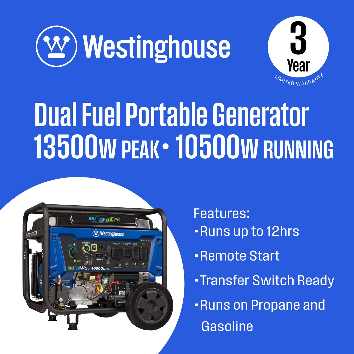 Westinghouse 13500/10500W Dual Fuel Portable Generator with Remote Electric Start - view number 2