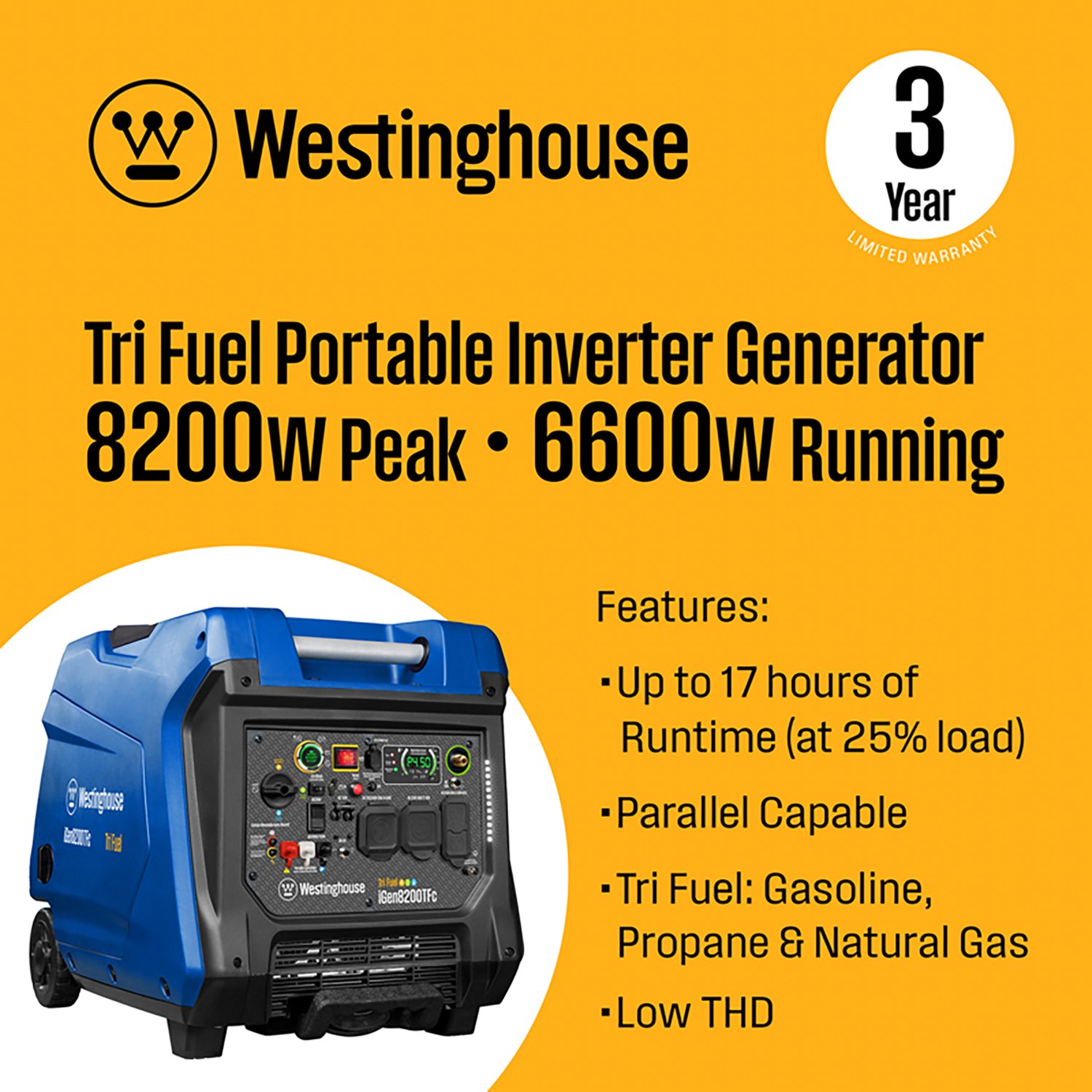 Westinghouse 8,200W Gas, Propane, Natural Gas Tri-Fuel Inverter Generator with Remote Electric Start - view number 2
