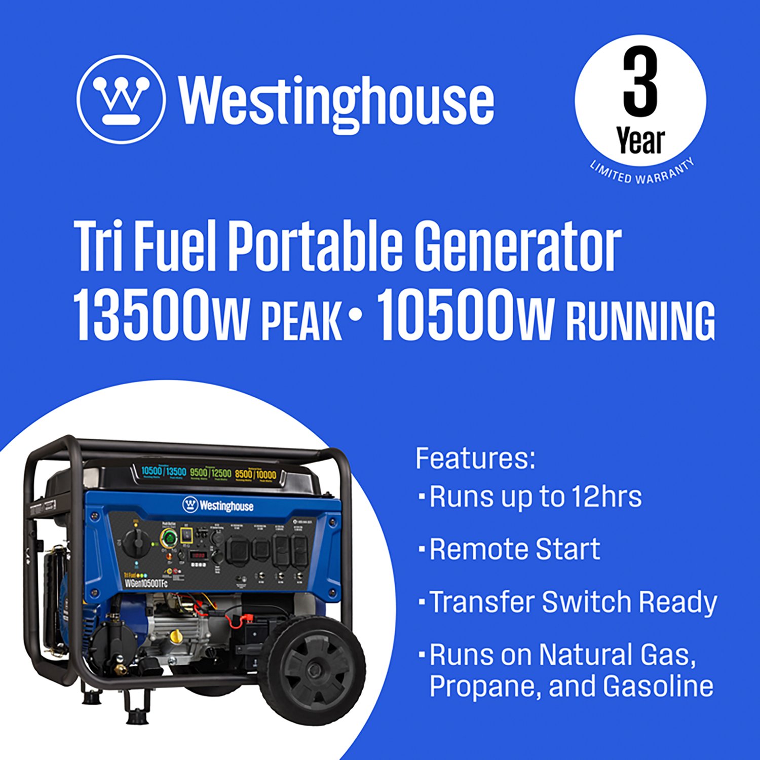 Westinghouse 13500/11500W Tri-Fuel Portable Generator with Remote Electric Start - view number 2