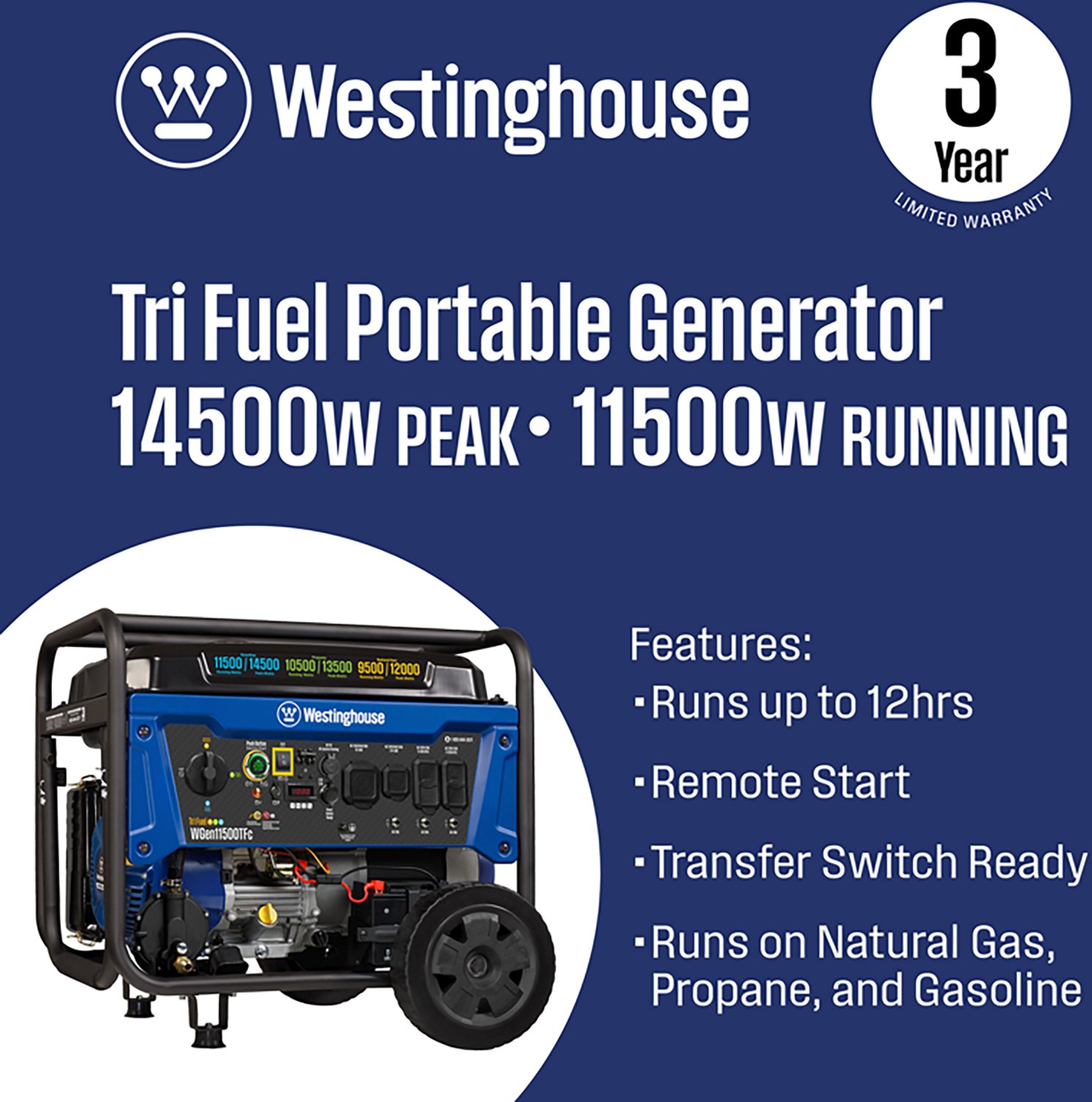 Westinghouse 1450011500W Tri-Fuel Portable Generator with Remote Electric Start - view number 2