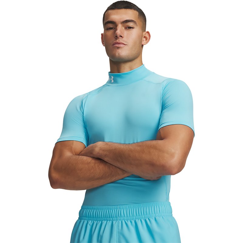 Under Armour Men's HeatGear Mock Neck Short Sleeve Compression Shirt, XXL, Fresco Blue/White