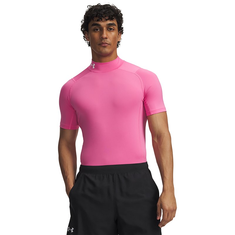 Under Armour Men's HeatGear Mock Neck Short Sleeve Compression Shirt, XL, Pink Frenzy/Pink Frenzy