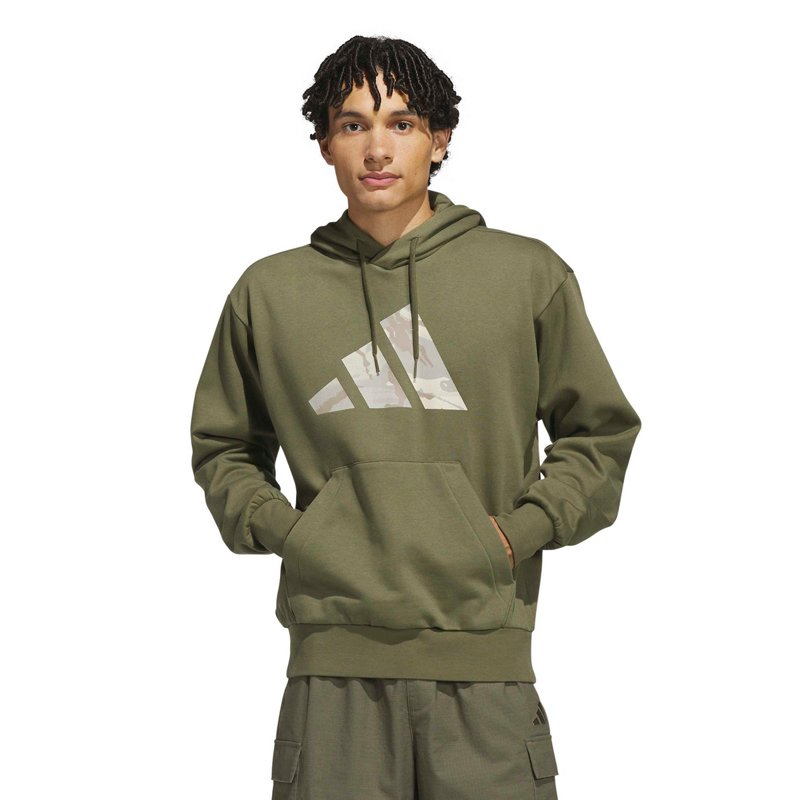 adidas Men's Camo Big Logo Graphic Pullover Hoodie in Olive Strata Size: Large