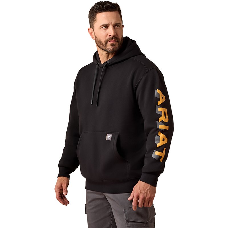 Men's Rebar Lightweight Logo Hoodie in Black Orange Cotton/Polyester, Size: 2XL by Ariat