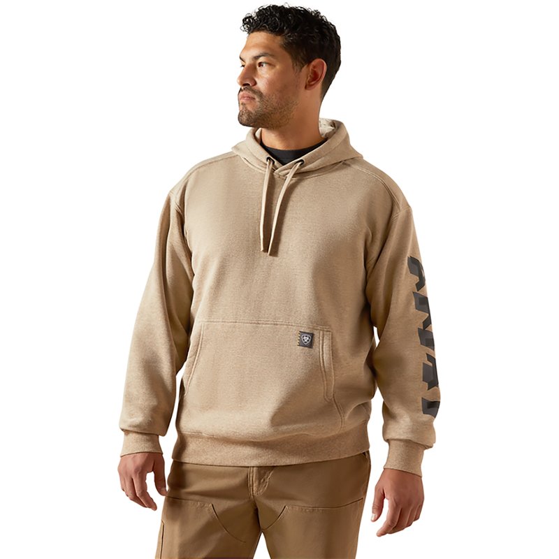 Men's Rebar Lightweight Logo Hoodie in Oatmeal Heather Black Cotton/Polyester, Size: Medium by Ariat
