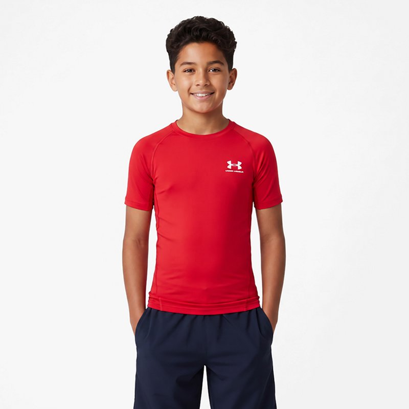 Under Armour Boys' HeatGear Armour Short Sleeve Shirt, XS, Red/White