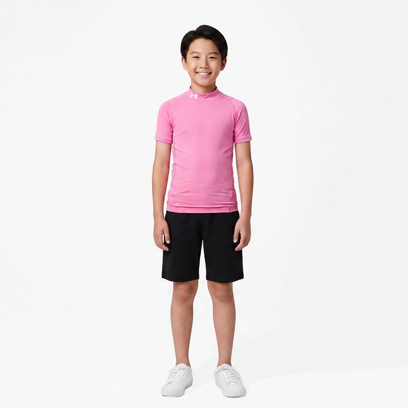 Under Armour Boys' HeatGear Mock Short Sleeve Shirt, XS, Pink Frenzy/White
