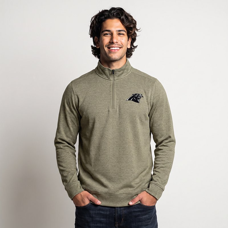 Men's Antigua Heather Olive Carolina Panthers Subtle Quarter-Zip Top