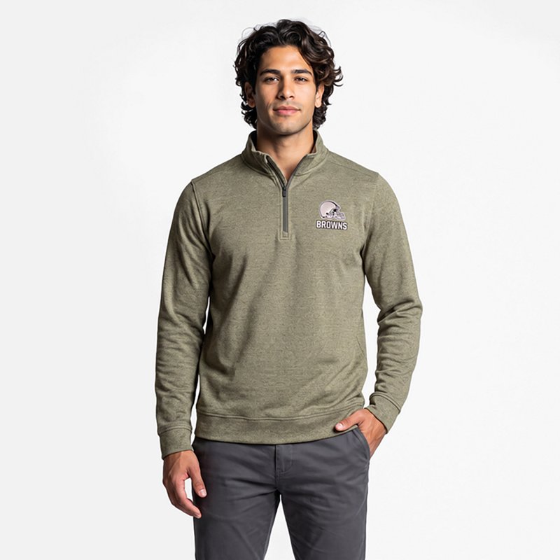 Men's Antigua Heather Olive Cleveland Browns Subtle Quarter-Zip Top