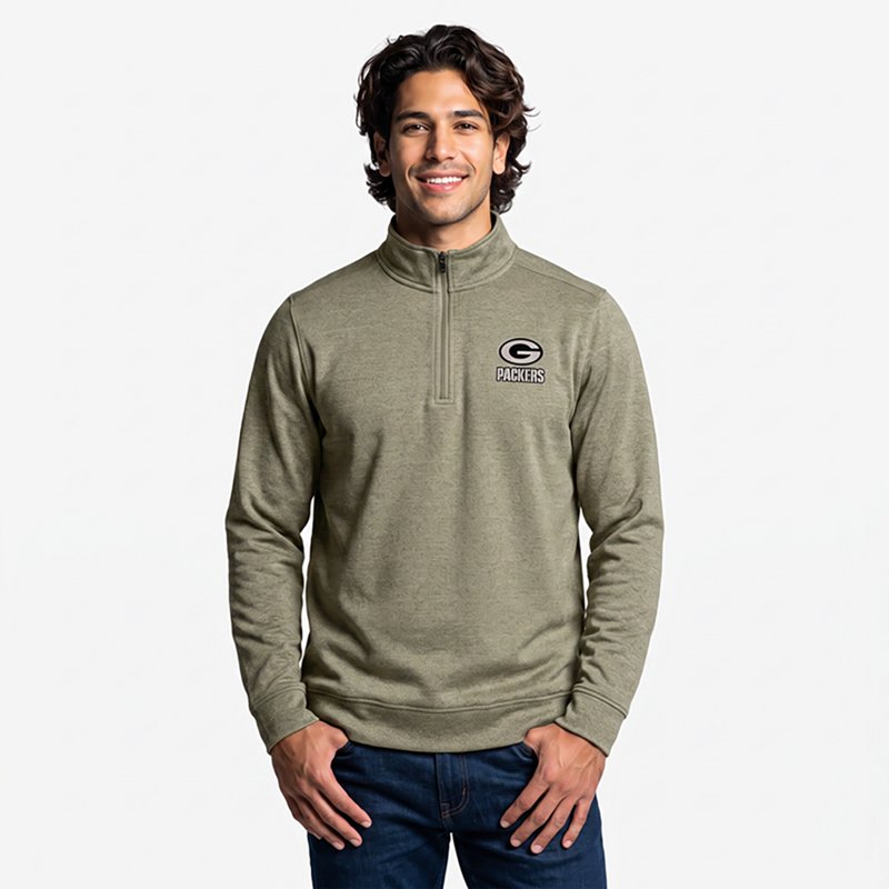 Men's Antigua Heather Olive Green Bay Packers Subtle Quarter-Zip Top