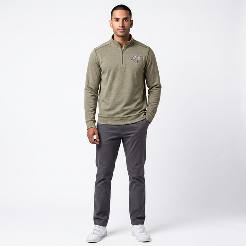 Men's Antigua Heather Olive Tampa Bay Buccaneers Subtle Quarter-Zip Top