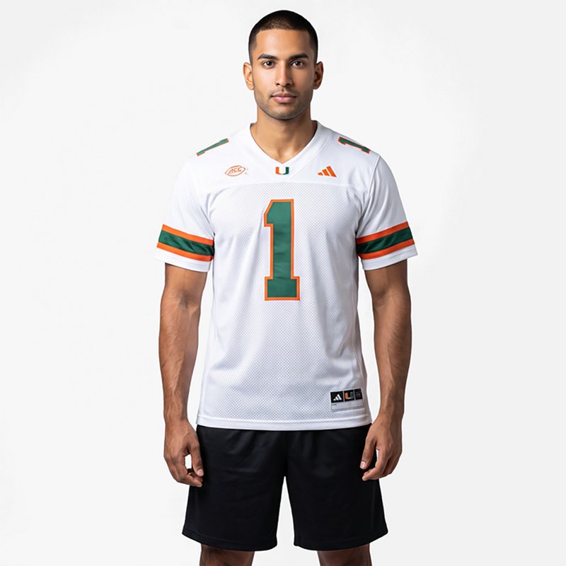 adidas Men's Miami Hurricanes White Premier Replica Road Jersey, Large