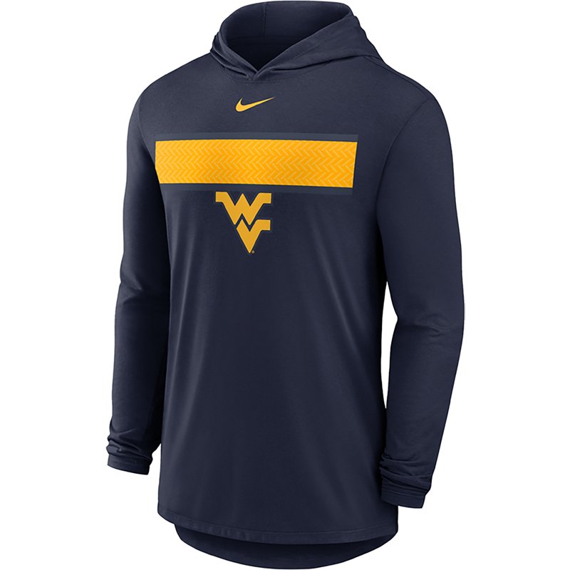West Virginia Primetime Pattern Nike Men's Dri-FIT College Long-Sleeve Hooded T-Shirt in Blue | 01NB41SWVN-CZH