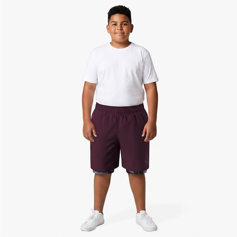 Under Armour Boys' Woven 2-In-1 Shorts, XS, Dark Maroon/Black