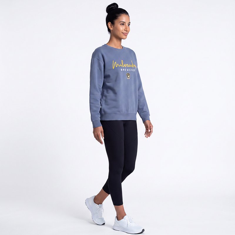 Soft As A Grape Women's Milwaukee Brewers Pigment-Dye Relaxed-Fit Long-Sleeve Crewneck Sweatshirt - Navy