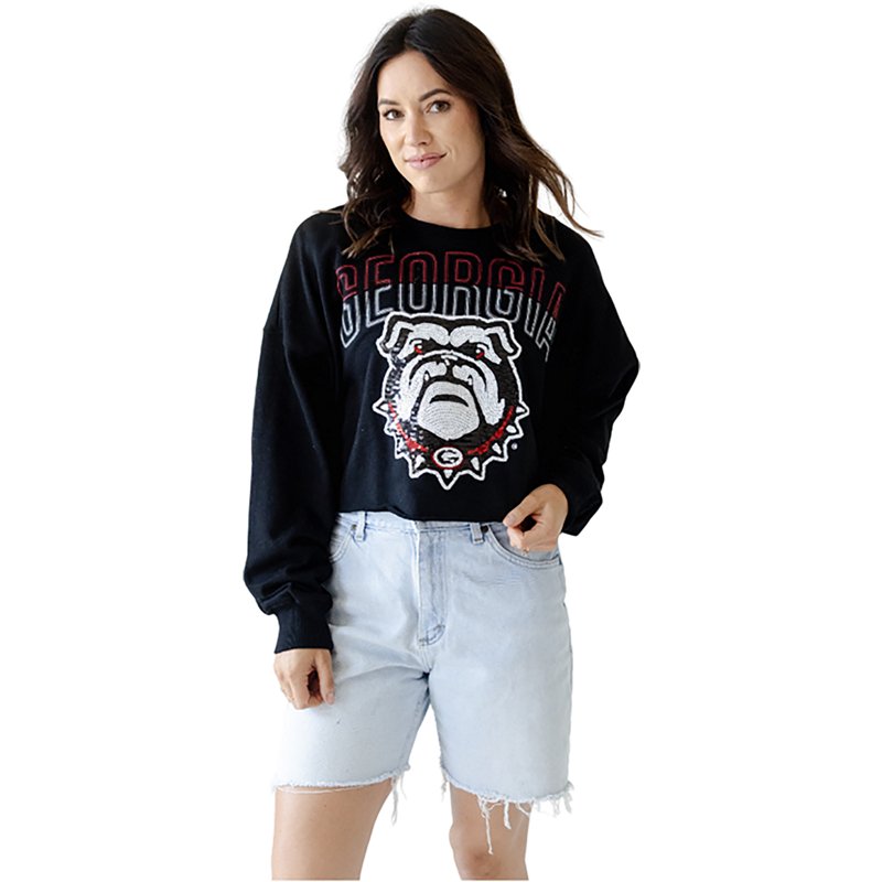 Gameday Social Women's University of Georgia Starlite Sequin Cropped Long Sleeve Crew