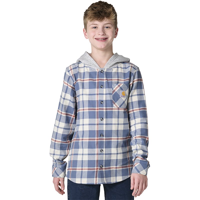 Carhartt Boy's Cotton Boys' Long Sleeve Flannel Button-Front Hooded Shirt (ChildYouth) | Blue | M Jt