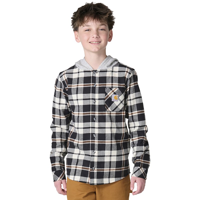 Carhartt Boy's Cotton Boys' Long Sleeve Flannel Button-Front Hooded Shirt (ChildYouth) | Black | XL Jt