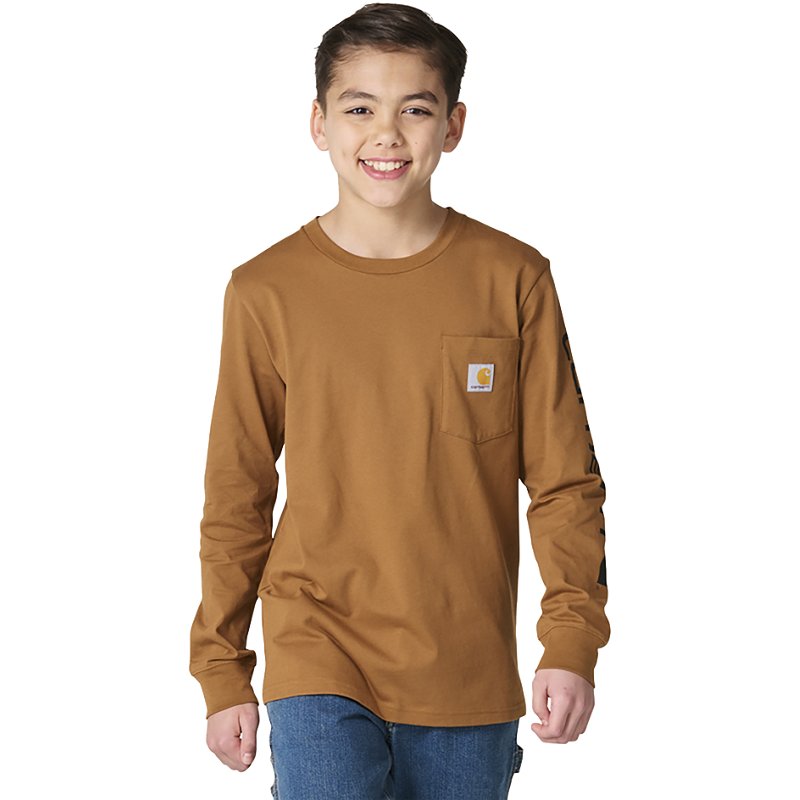 Carhartt Boy's Cotton Boys' Long Sleeve Pocket Logo T-Shirt (ToddlerChildYouth) | Brown | XL Jt