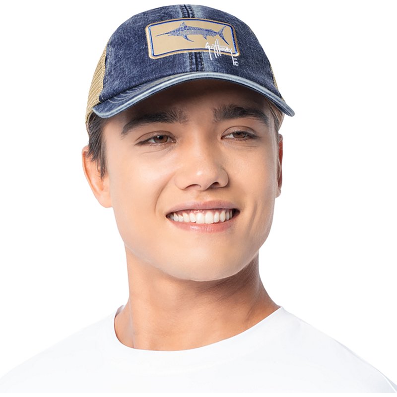 Guy Harvey Adultsâ Billfish Patch Denim Trucker Hat