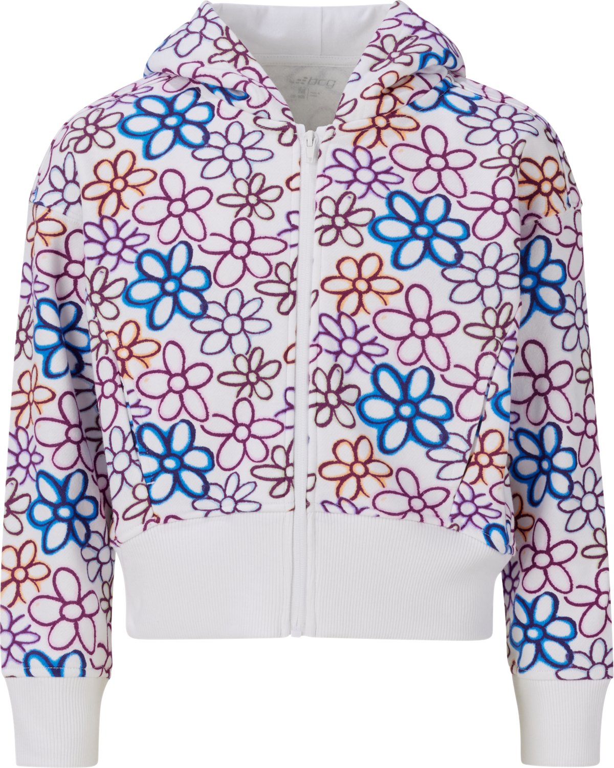 BCG Girls' Lifestyle Cotton Fleece Full-Zip Doodle Floral Hoodie