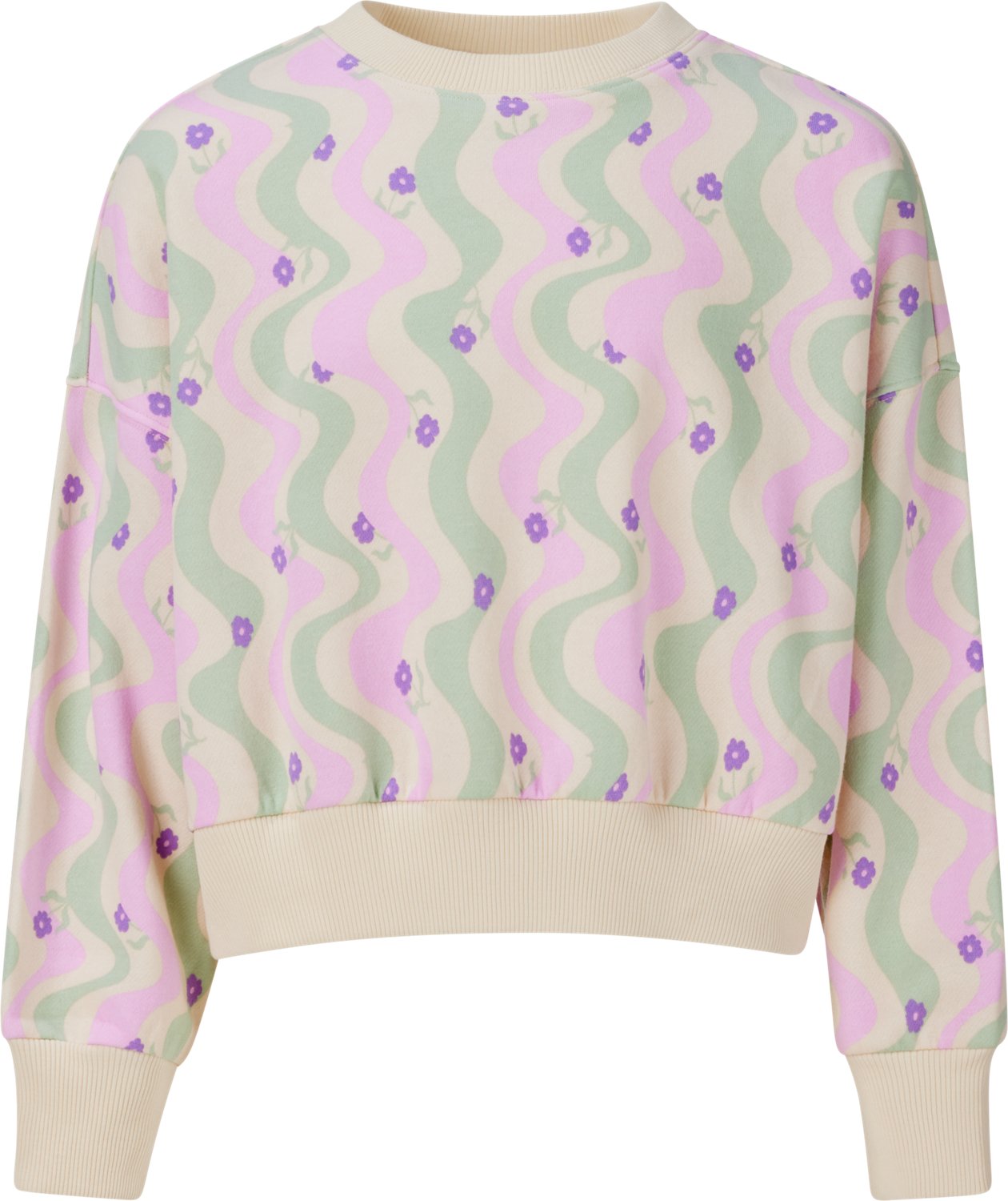 BCG Girls' Lifestyle Printed Fleece Cropped Retro Wave Crew Sweatshirt