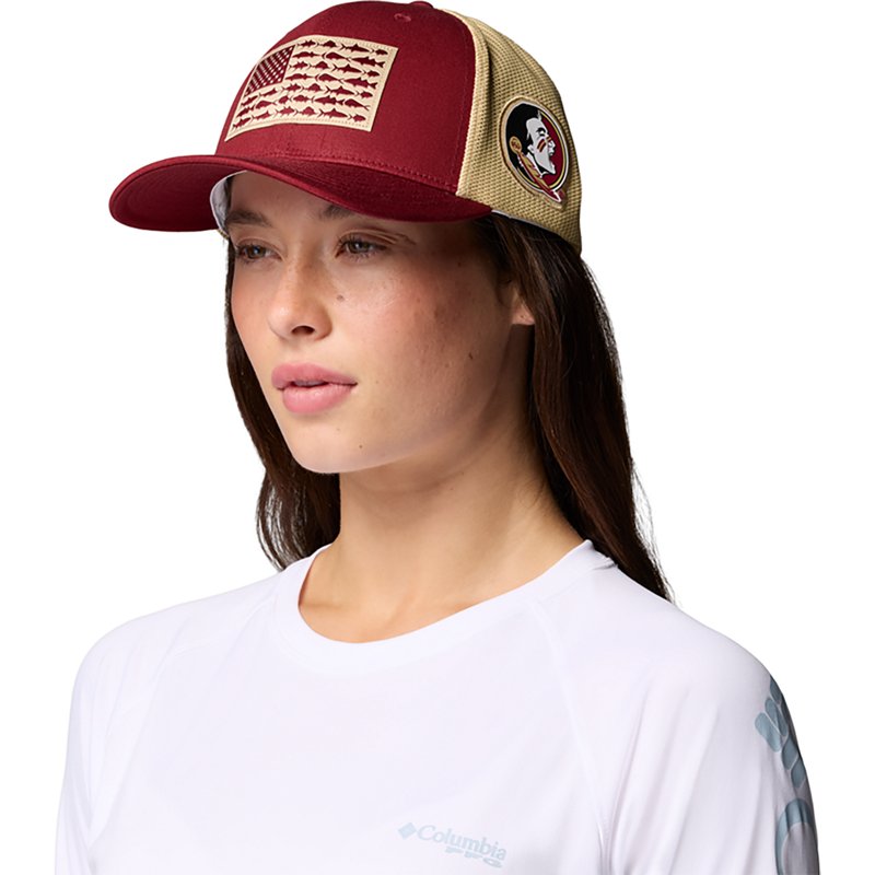 Columbia Adult Florida State Seminoles Cabernet Mesh Fish Flag Flex Fit Hat, Men's, L/XL, Red