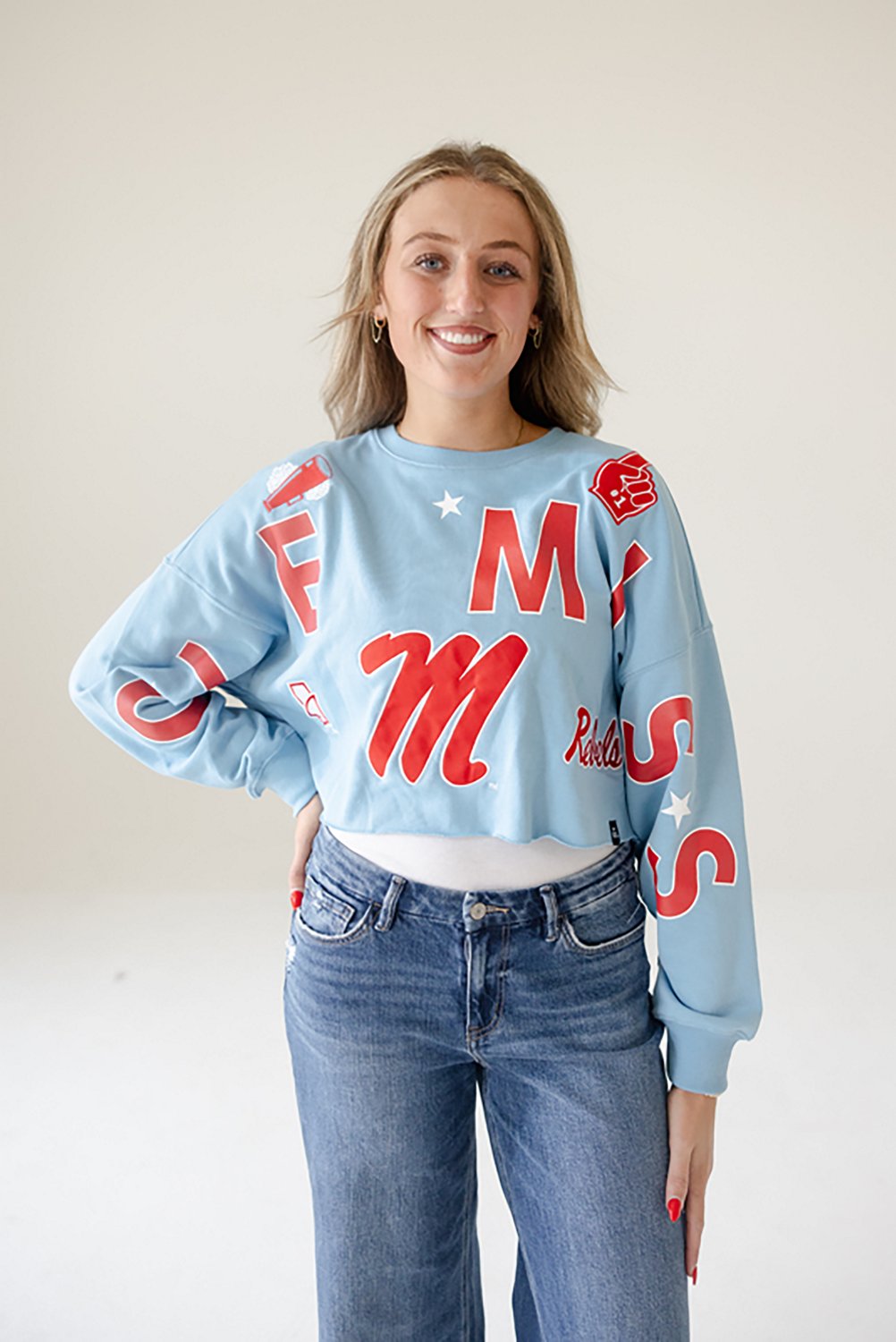 Gameday Social Women's Ole Miss Rebels Patched Up Cropped Crew Sweatshirt