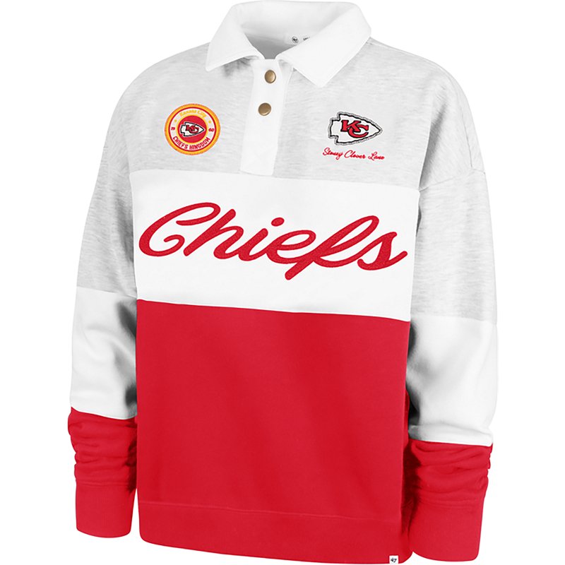 Women's Stoney Clover Lane x '47 Gray/Red Kansas City Chiefs Cursive Paneled Rugby Fleece Shirt