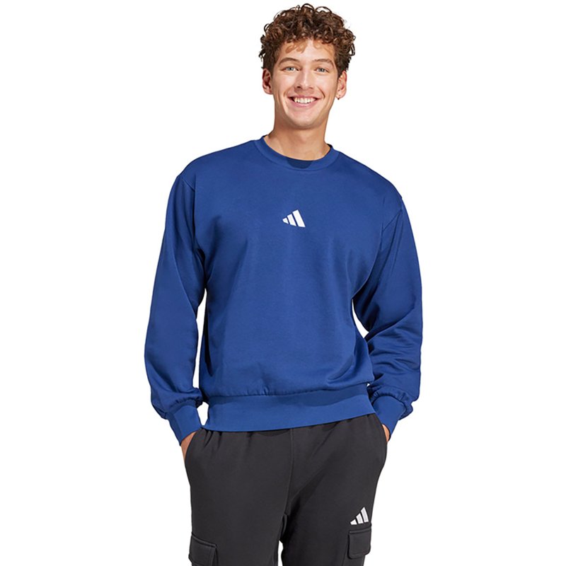 adidas Men's Essentials Feelcozy Fleece Crewneck Sweatshirt in Dark Blue/White Size: Small