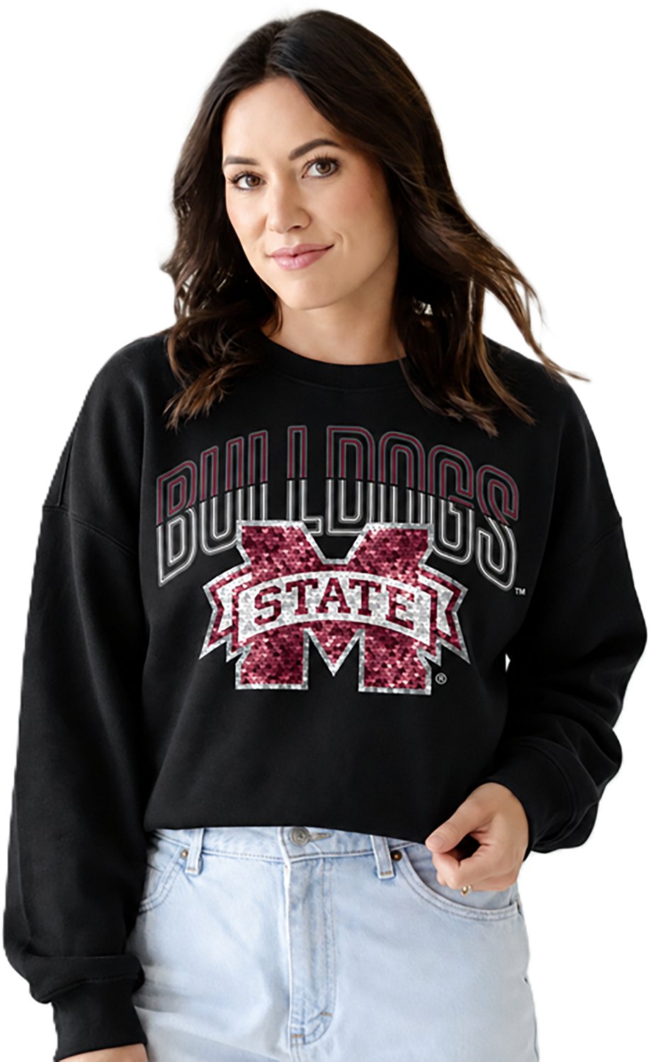Gameday Social Women's Mississippi State University Starlite Sequin Cropped Long Sleeve Crew