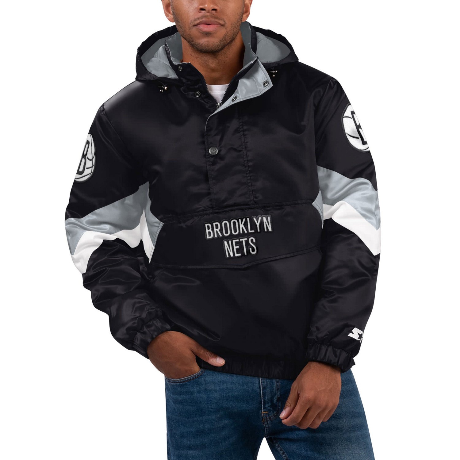 Starter Brooklyn Nets Force Play Satin Hoodie HalfZip Jacket Academy