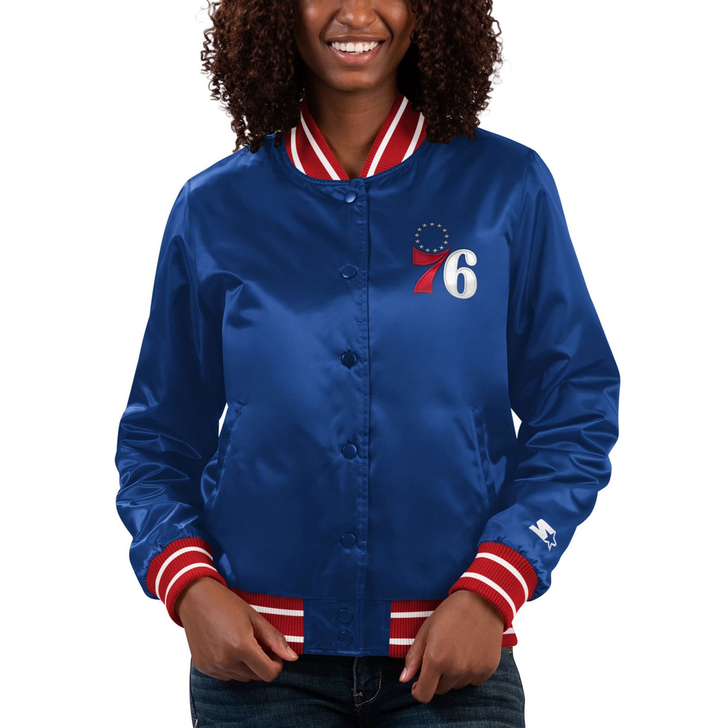 Starter Philadelphia 76ers Full Count Satin Full-Snap Varsity Jacket ...