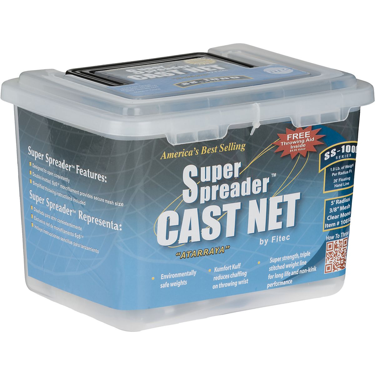 Fitec SS1000 Super Spreader Cast Net, 5' x 3/8 inch Mesh, Clear, 1 lb wts