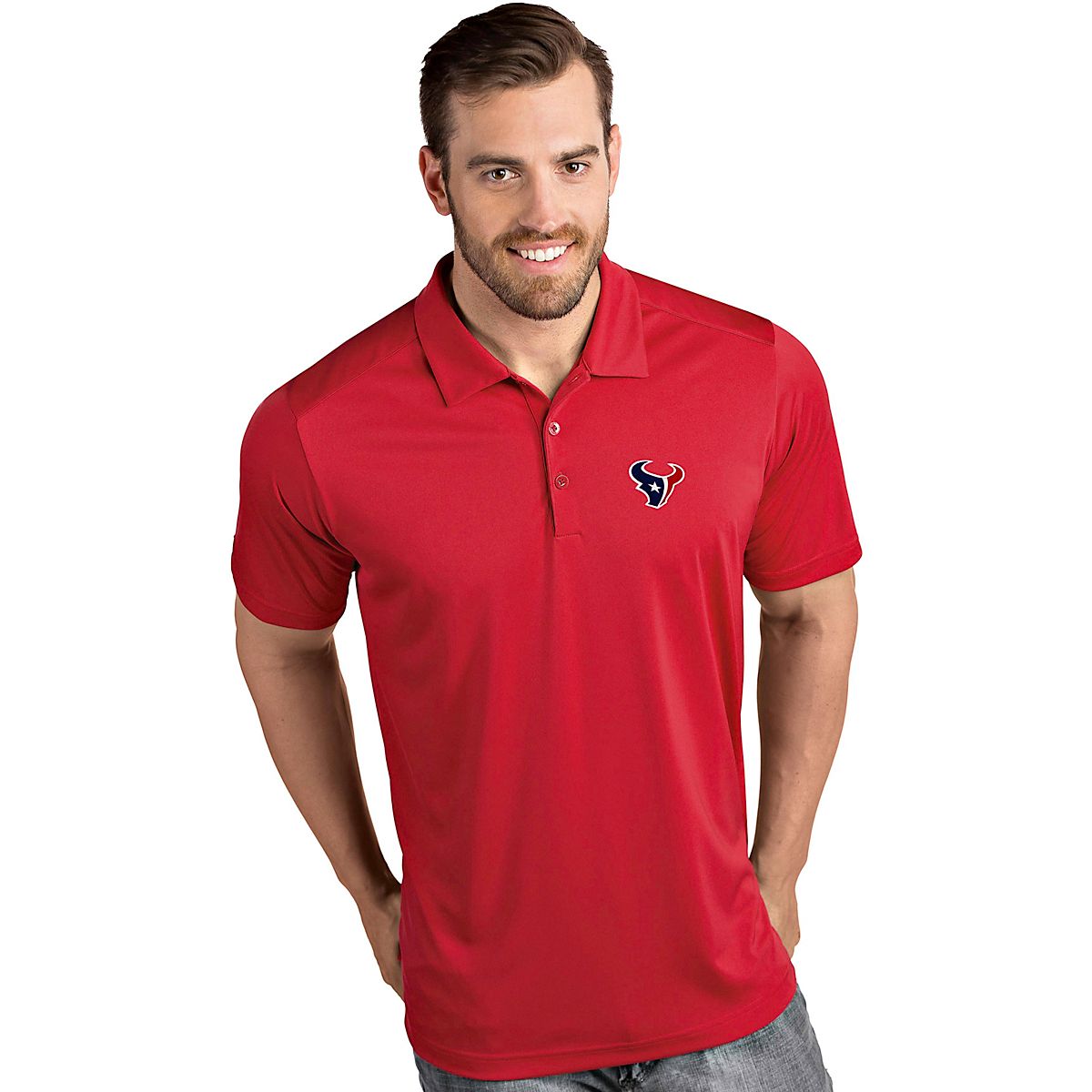 Antigua Men's Houston Texans Angler Woven Button-Down T-Shirt Navy Blue/Dark Red, Small - NFL Ss/Ls/Sl/Mck Tees at Academy Sports