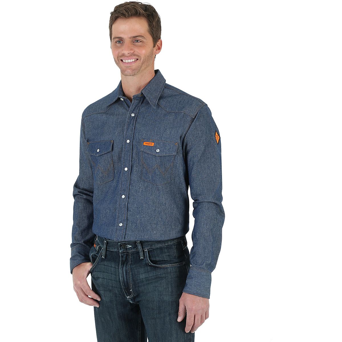 Wrangler Men's Flame Resistant Long Sleeve Denim Work Shirt | Academy