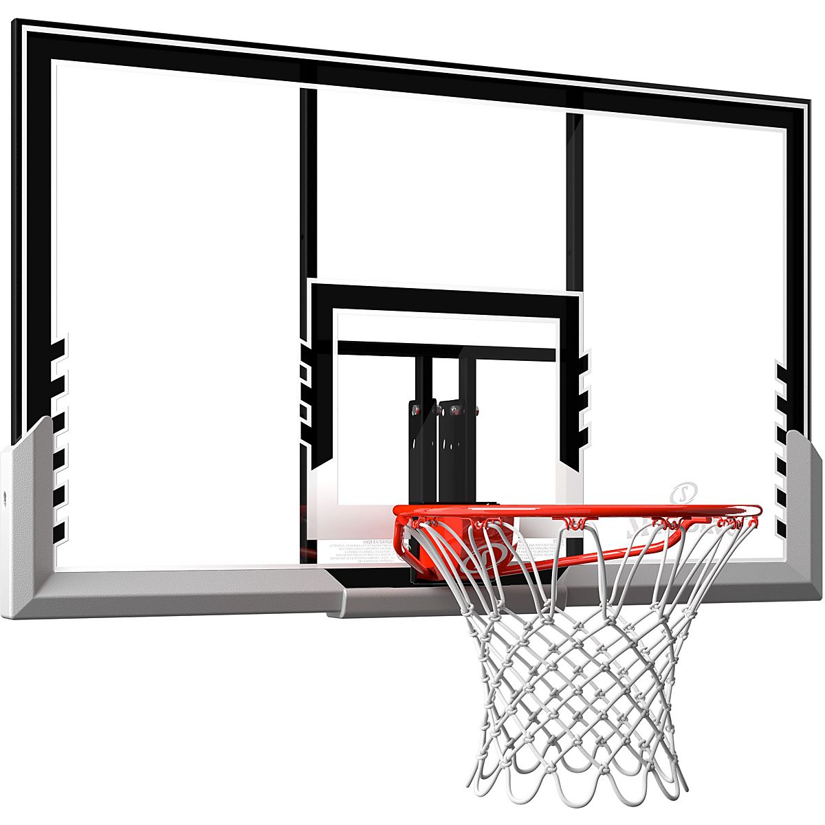 Young man on basketball court, swinging on basketball net frame
