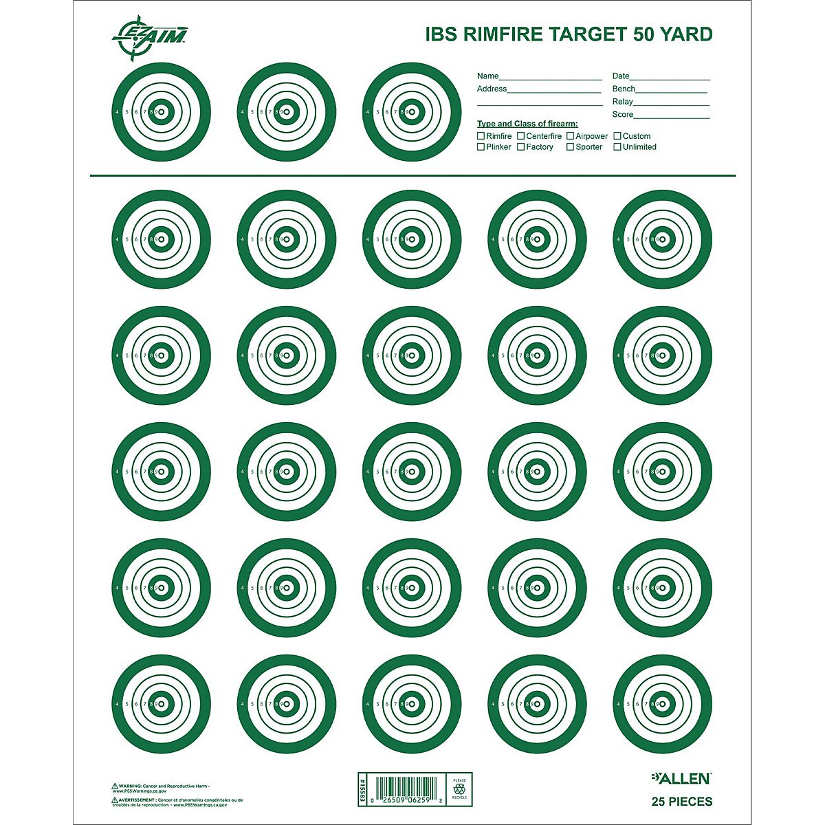 Allen Company EZ Aim IBS Rimfire Paper Shooting Target 25-Pack | Academy