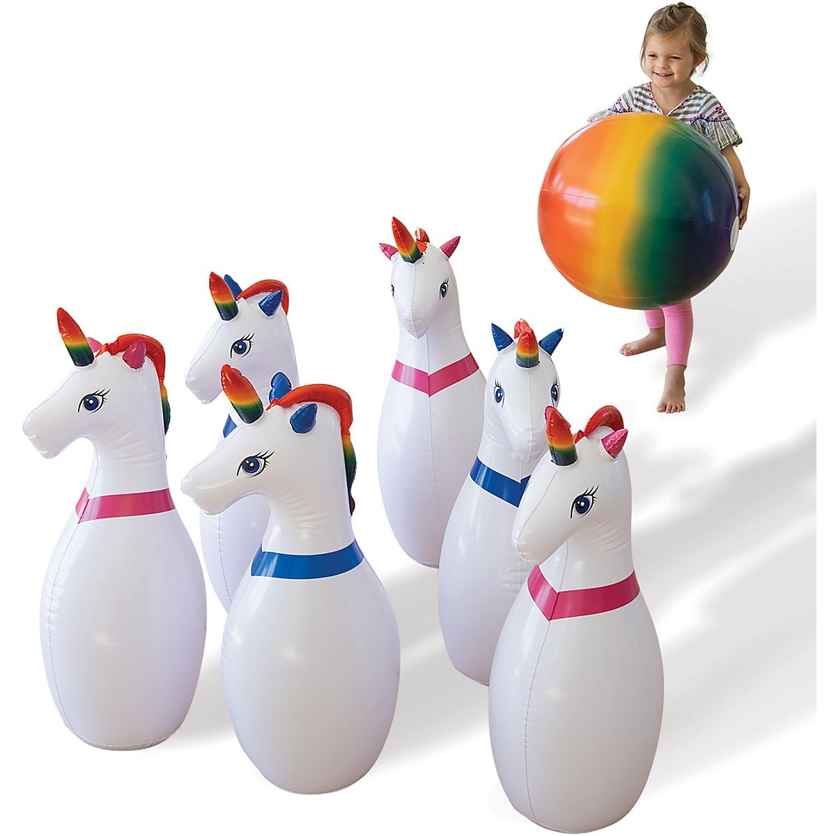 hearthsong Giant Inflatable Unicorn Bowling Set Academy